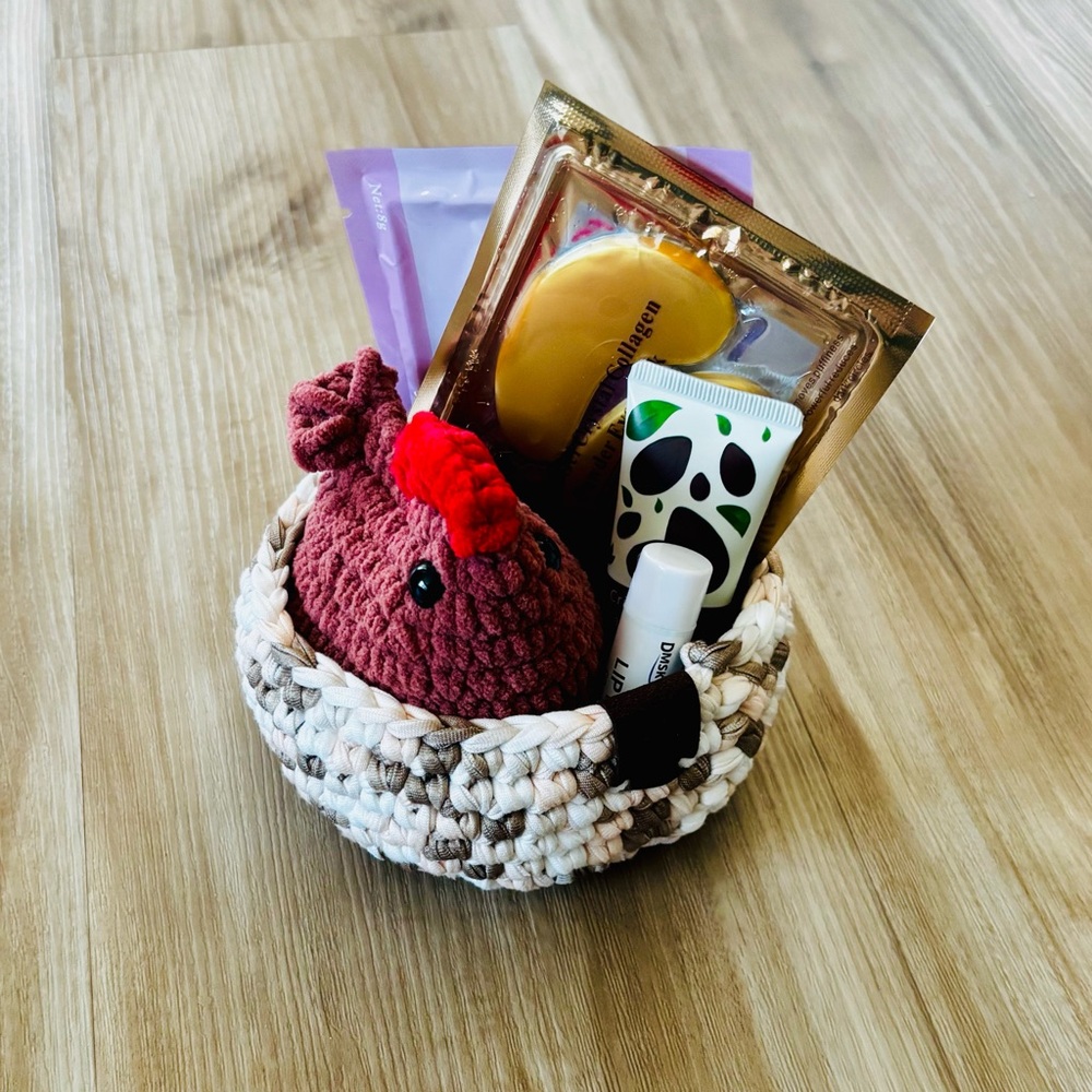 Crochet Basket with Skincare and crochet chicken